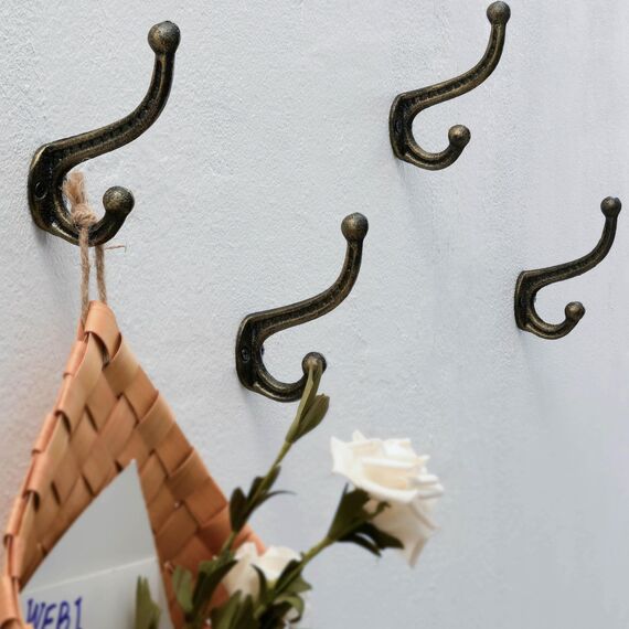 WEBI Kleiderhaken Wand Gusseisen,Garderobenhaken Vintage,Metall Wandhaken Rustikal,Mantelhaken,Huthaken,Doppelhaken für Mantel,Jacken,Hut,Schwarz/Golden,5 Stück