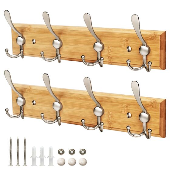 GlazieVault Kleiderhaken für die Wand, 4 silberne dreifache Bambus-Holzgarderobe, robust, zur Wandmontage, Holz-, Silberhaken, Wandaufhänger und Kleiderhaken, Holz, Nickel, 2 Packungen