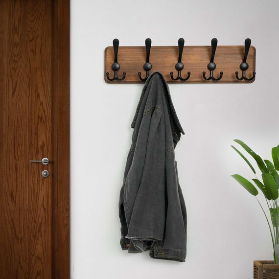 WEBI Garderobenleiste,Garderobenhaken mit 5 Dreifachhaken,Wandgarderobe Holz,Kleiderhaken Wand,Hakenleiste Garderobe,Jackenhalter Wand für Mäntel,Jacken,Braun