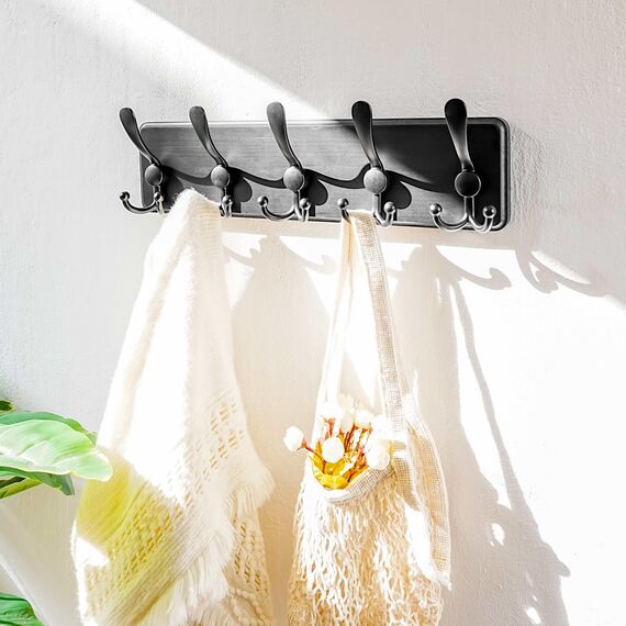 Dseap Garderobe, Garderobenhaken - Robust Vintage Garderobenleiste Holz mit 5 Dreifachhaken, Kleiderhaken Wand, Hakenleiste, für Jacken Mäntel Handtaschen, Schwarz