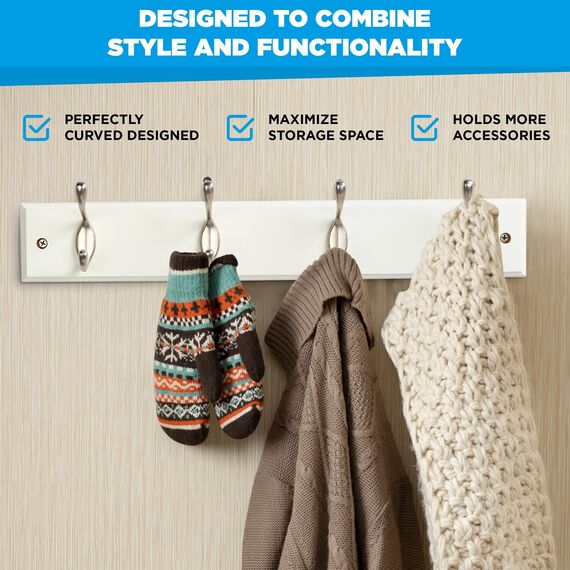 GlazieVault Kleiderhaken zur Wandmontage, MDF-Platte, Nickel-Haken, Garderobenleiste (2 Stück) – robuste weiße Kleiderhaken für Wandkleiderhaken und Wandhaken