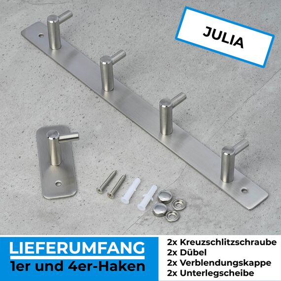 Stahlia Hakenleiste EDELSTAHL gebürstet Garderobenleiste 1x Haken (L: 80mm) Modell:JULIA Wandgarderobe mit 1/4/6/8/10 Kleiderhaken Garderobenhaken Wandhaken