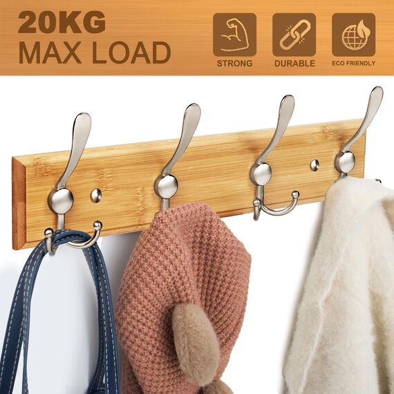 GlazieVault Kleiderhaken für die Wand, 4 silberne dreifache Bambus-Holzgarderobe, robust, zur Wandmontage, Holz-, Silberhaken, Wandaufhänger und Kleiderhaken, Holz, Nickel, 2 Packungen