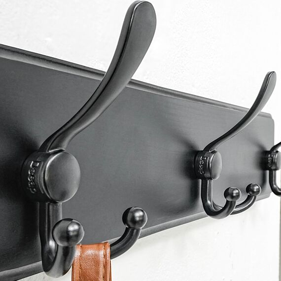 Dseap Garderobe, Garderobenhaken - Robust Vintage Garderobenleiste Holz mit 5 Dreifachhaken, Kleiderhaken Wand, Hakenleiste, für Jacken Mäntel Handtaschen, Schwarz