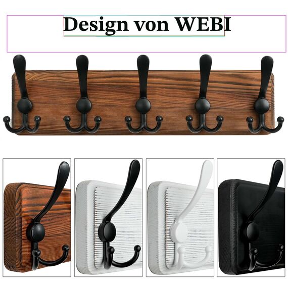 WEBI Garderobenleiste,Garderobenhaken mit 5 Dreifachhaken,Wandgarderobe Holz,Kleiderhaken Wand,Hakenleiste Garderobe,Jackenhalter Wand für Mäntel,Jacken,Braun