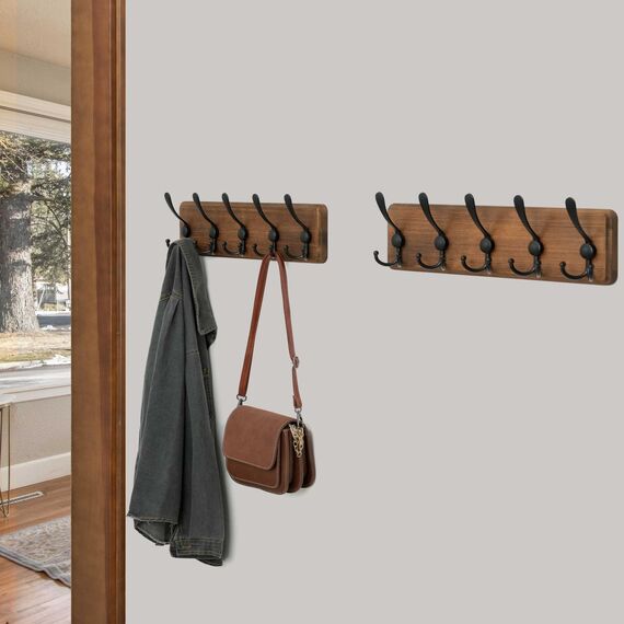 WEBI Garderobenleiste,Garderobenhaken mit 5 Dreifachhaken,Wandgarderobe Holz,Kleiderhaken Wand,Hakenleiste Garderobe,Jackenhalter Wand für Mäntel,Jacken,Braun