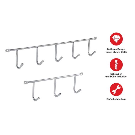 LouMaxx Hakenleiste – Kleiderhaken Wand 2er Set Chrom – Gaderobenhakenleiste – optimaler Helfer für Küche, Bad und Garage