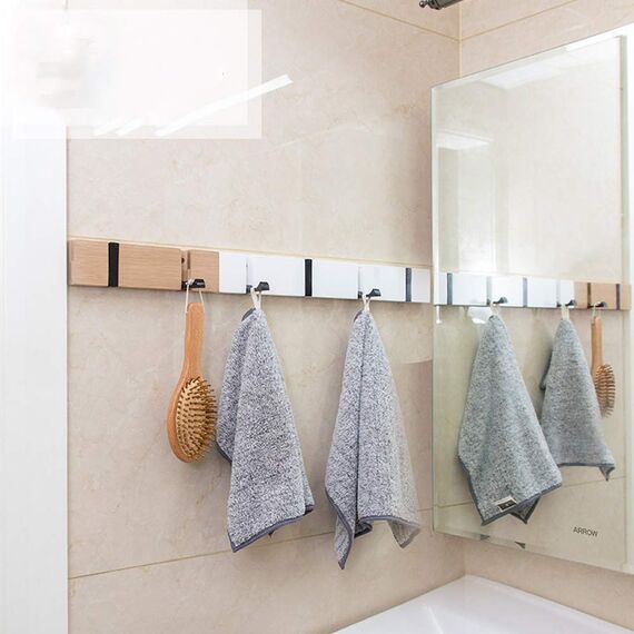 YunNasi Hakenleiste Holz Kleiderhaken Klappbar Garderobenleiste Wand Garderobenhaken mit 5 Faltbar Haken für Jacken Mäntel Schals Hüten Handtaschen (Weiß, 4 Haken)