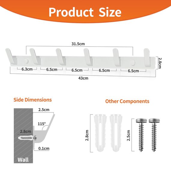 Sevenpers Garderobenhaken Weiß Kleiderhaken Hakenleiste mit 10 Haken Stabile Garderobenleiste für Jacken, Mäntel, Taschen, Hüte und Schals bieten und Mehr