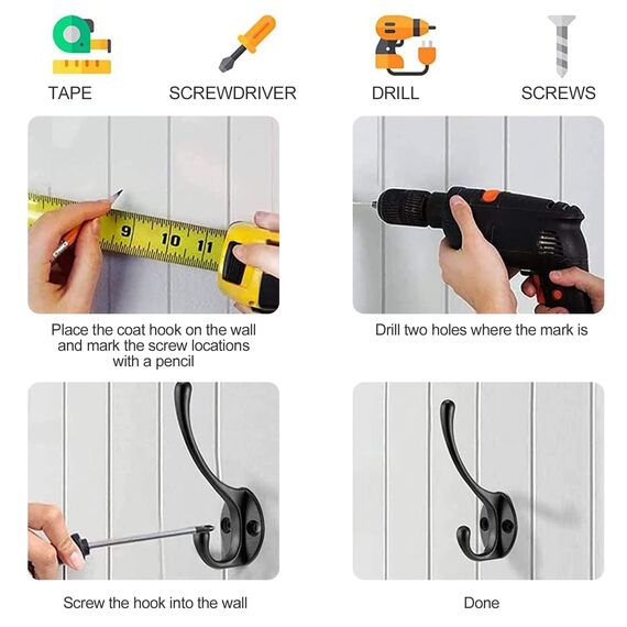 Neuener 12 Stück Vintage Garderobenhaken Metall Wandhaken mit 24 Schrauben, für Schlafzimmer Mantel Hut Haken Badezimmer Küche (Schwarz)