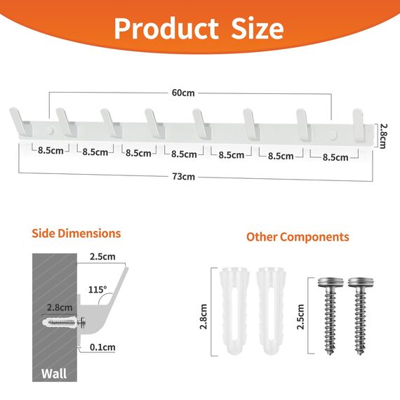 Sevenpers Garderobenhaken Weiß Kleiderhaken Hakenleiste mit 8 Haken Stabile Garderobenleiste für Jacken, Mäntel, Taschen, Hüte und Schals bieten und Mehr