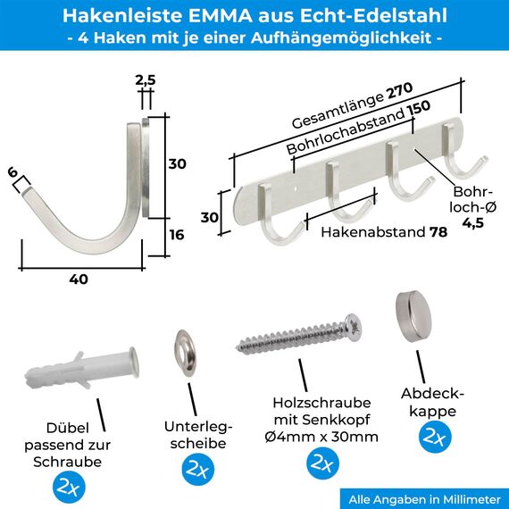 Stahlia Garderobe (4 Haken) Garderobenhaken Kleiderhaken Wand Edelstahl gebürstet Garderobenleiste Wandgarderobe Hakenleiste Wandhaken zum Schrauben Haken