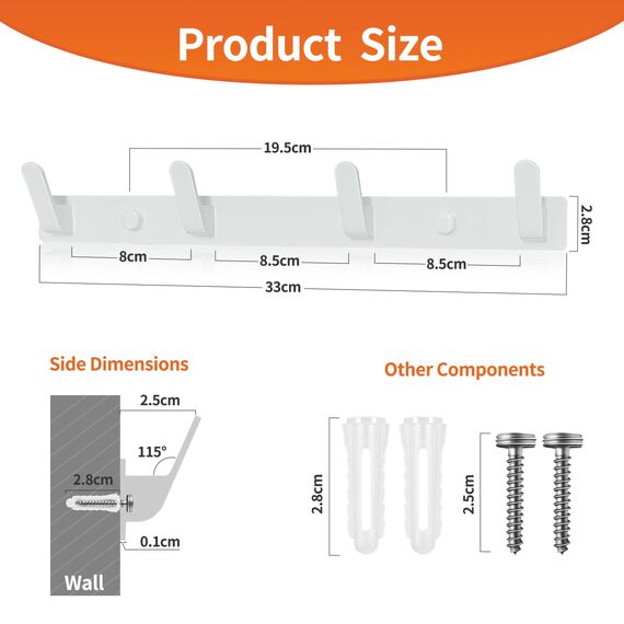 Sevenpers Handtuchhalter Weiß Garderobenhaken Hakenleiste mit 4 Haken Stabile Kleiderhaken für Jacken, Mäntel, Taschen, Hüte und Schals bieten und Mehr