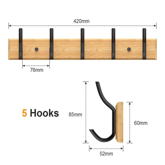 Anjuer Garderobenständer, Kleiderbügel, 5 Haken, Huthalter, Kleidung, robust, Bambusbrett, Haken, Schwarz