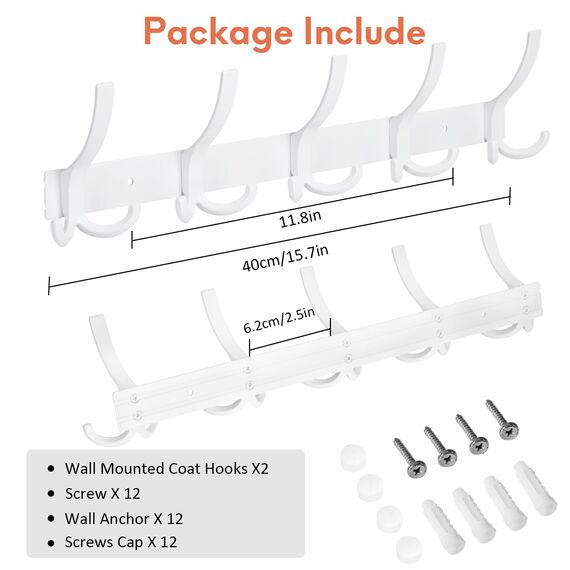 Optish 2 Stück Garderobenhaken mit 15 Haken, Kleiderhaken Wand Platzsparende Garderobenleiste für Schlafzimmer Bad Küche, Hakenleiste Garderobe für Jacken, Hüte und Schals bieten (Weiß)