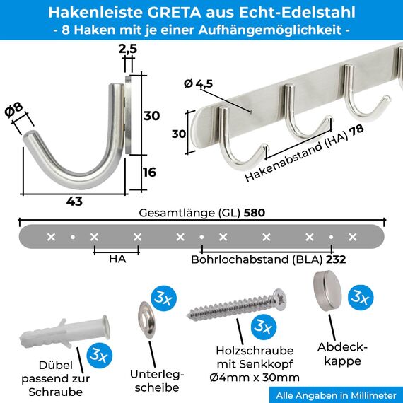 Stahlia Hakenleiste EDELSTAHL gebürstet Garderobenleiste 8x Haken (L: 580mm) Modell:GRETA Wandgarderobe mit 1/4/6/8/10 Kleiderhaken Garderobenhaken Wandhaken