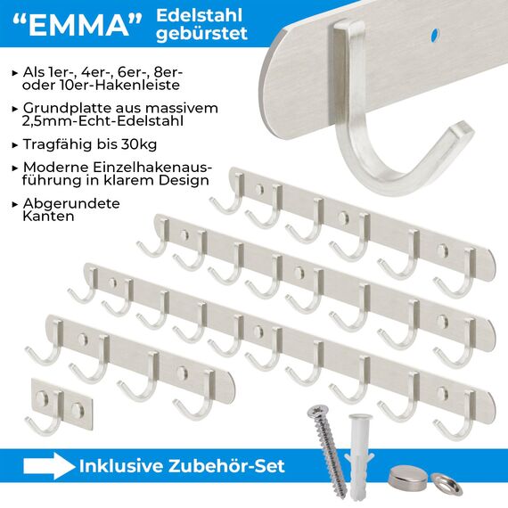 Stahlia Hakenleiste EDELSTAHL gebürstet Garderobenleiste 6x Haken (L: 425mm) Modell:EMMA Wandgarderobe mit 1/4/6/8/10 Kleiderhaken Garderobenhaken Wandhaken