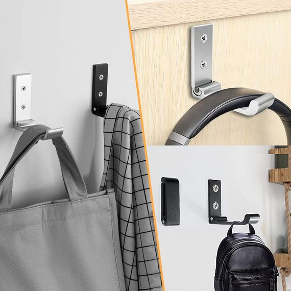 La Llareta 4 Stücke Kopfhörer Wandhalterung, Faltbarer Wandhaken, Kopfhörer Halter, Aluminiumlegierung, mit Schrauben, Kleiderhaken für Büro, Küche, Mantel, Hut (Schwarz)