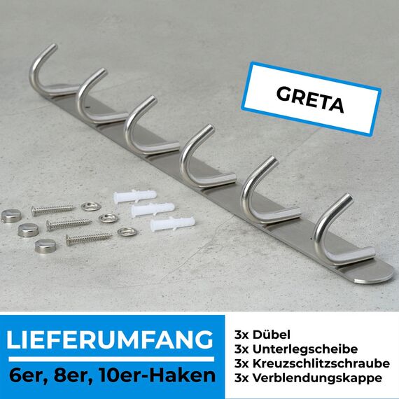 Stahlia Hakenleiste EDELSTAHL gebürstet Garderobenleiste 10x Haken (L: 725mm) Modell:GRETA Wandgarderobe mit 1/4/6/8/10 Kleiderhaken Garderobenhaken Wandhaken
