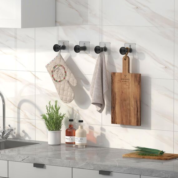 ACMETOP Kleiderhaken ohne Bohren 4 Stück Garderobenhaken Aluminium einfache Montage mit Schraube oder Klebeplatten Tragkraft bis 15 KG, Wandhaken für Küche, Bad, Arbeitszimmer und Wohnzimmer Schwarz