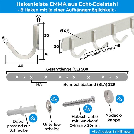 Stahlia Hakenleiste EDELSTAHL gebürstet Garderobenleiste 8x Haken (L: 580mm) Modell:EMMA Wandgarderobe mit 1/4/6/8/10 Kleiderhaken Garderobenhaken Wandhaken
