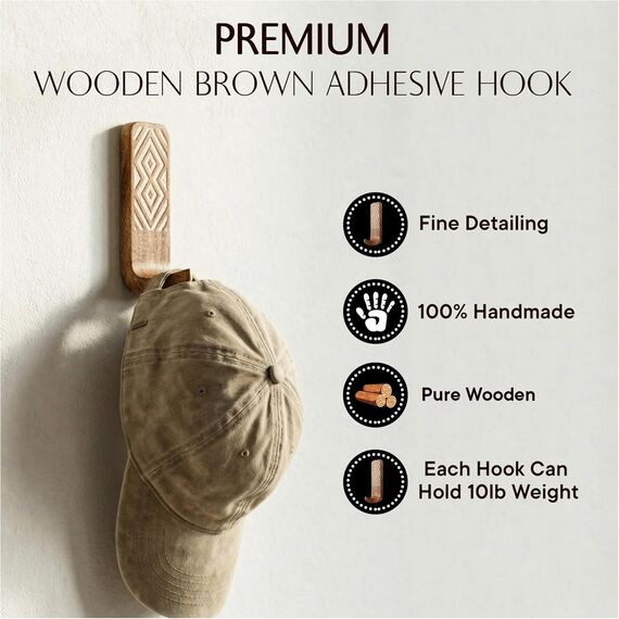 Indian Shelf Boho-Wandhaken aus Holz, 3 Stück, Braun, 10 cm hoch, 3 cm breit, 3 cm ausladend, 4,5 kg Tragfähigkeit, selbstklebend, Boho-Design, für Wohnzimmer, Schlafzimmer, Küche und Bad