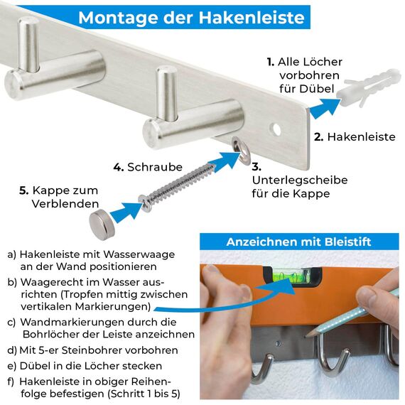 Stahlia Hakenleiste EDELSTAHL gebürstet Garderobenleiste 10x Haken (L: 770mm) Modell:MARTINA Wandgarderobe mit 1/4/6/8/10 Kleiderhaken Garderobenhaken Wandhaken