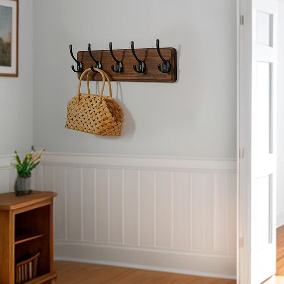 WEBI Garderobenleiste,Garderobenhaken,Wandgarderobe Holz mit 5 Haken,Kleiderhaken Wand,Hakenleiste Garderobe,Jackenhalter Wand für Mäntel,Jacken,Rustikal Braun,2 Stück