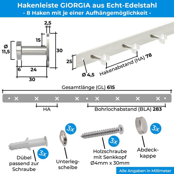 Stahlia Hakenleiste EDELSTAHL gebürstet Garderobenleiste 8x Haken (L: 615mm) Modell:GIORGIA Wandgarderobe mit 1/4/6/8/10 Kleiderhaken Garderobenhaken Wandhaken