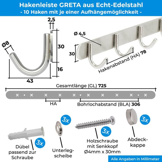 Stahlia Hakenleiste EDELSTAHL gebürstet Garderobenleiste 10x Haken (L: 725mm) Modell:GRETA Wandgarderobe mit 1/4/6/8/10 Kleiderhaken Garderobenhaken Wandhaken