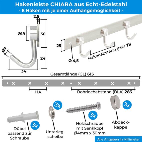 Stahlia Hakenleiste EDELSTAHL gebürstet Garderobenleiste 8x Haken (L: 615mm) Modell:CHIARA Wandgarderobe mit 1/4/6/8/10 Kleiderhaken Garderobenhaken Wandhaken