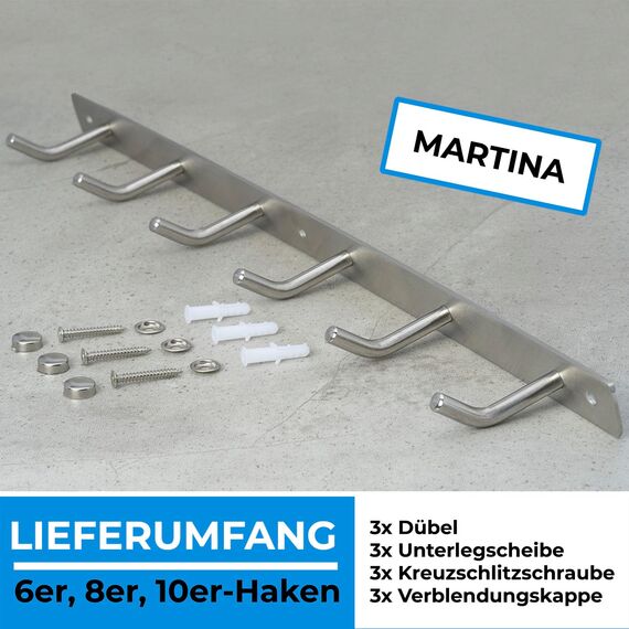 Stahlia Hakenleiste EDELSTAHL gebürstet Garderobenleiste 10x Haken (L: 770mm) Modell:MARTINA Wandgarderobe mit 1/4/6/8/10 Kleiderhaken Garderobenhaken Wandhaken