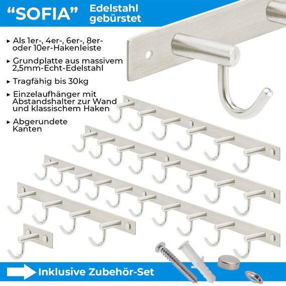 Stahlia Hakenleiste EDELSTAHL gebürstet Garderobenleiste 8x Haken (L: 615mm) Modell:SOFIA Wandgarderobe mit 1/4/6/8/10 Kleiderhaken Garderobenhaken Wandhaken