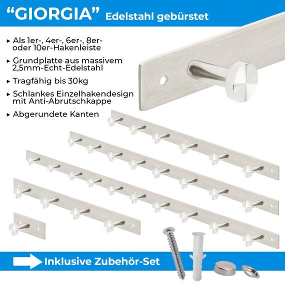 Stahlia Hakenleiste EDELSTAHL gebürstet Garderobenleiste 10x Haken (L: 770mm) Modell:GIORGIA Wandgarderobe mit 1/4/6/8/10 Kleiderhaken Garderobenhaken Wandhaken
