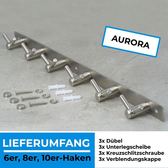Stahlia Hakenleiste EDELSTAHL gebürstet Garderobenleiste 10x Haken (L: 770mm) Modell:AURORA Wandgarderobe mit 1/4/6/8/10 Kleiderhaken Garderobenhaken Wandhaken
