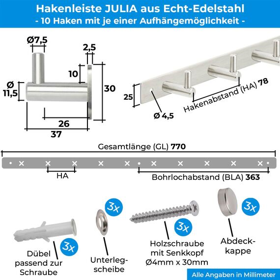 Stahlia Hakenleiste EDELSTAHL gebürstet Garderobenleiste 10x Haken (L: 770mm) Modell:JULIA Wandgarderobe mit 1/4/6/8/10 Kleiderhaken Garderobenhaken Wandhaken