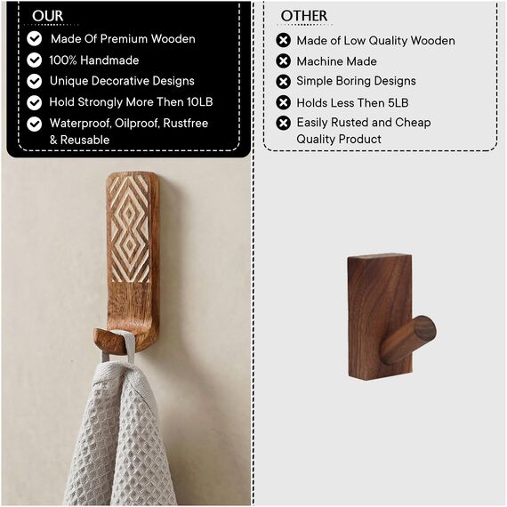 Indian Shelf Boho-Wandhaken aus Holz, 3 Stück, Braun, 10 cm hoch, 3 cm breit, 3 cm ausladend, 4,5 kg Tragfähigkeit, selbstklebend, Boho-Design, für Wohnzimmer, Schlafzimmer, Küche und Bad