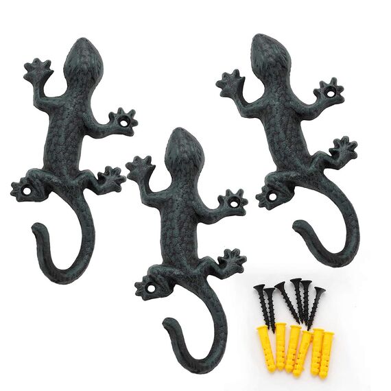 ChasBete Gecko Kleiderhaken Wand Garderobenhaken, 17cm Vintage Metall Wandhaken 3er-set Haken Garderobe