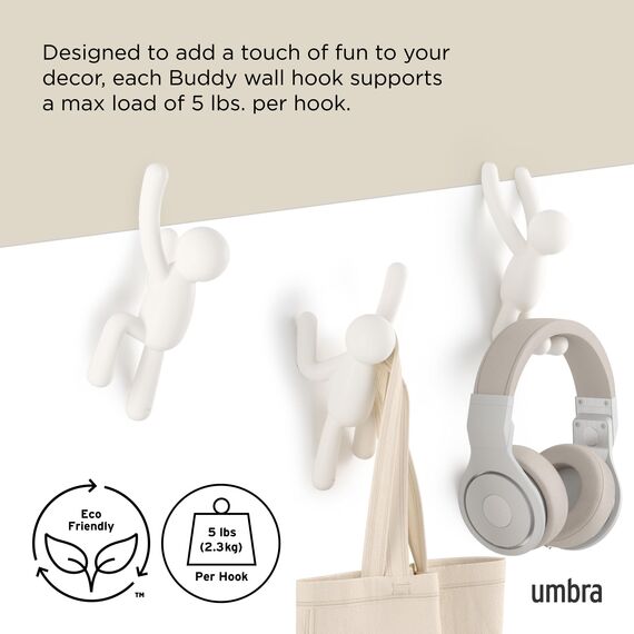 Umbra Buddy Haken - Dekorative Wandhaken Garderobe für Jacken, Schals, Taschen, Rucksäcke, Handtücher und Mehr, 3er-Set, Weiss