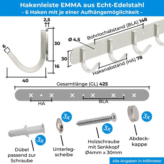 Stahlia Hakenleiste EDELSTAHL gebürstet Garderobenleiste 6x Haken (L: 425mm) Modell:EMMA Wandgarderobe mit 1/4/6/8/10 Kleiderhaken Garderobenhaken Wandhaken