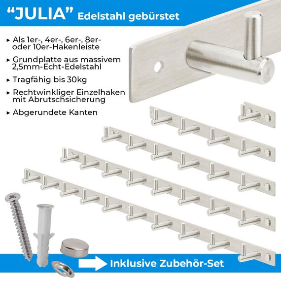 Stahlia Hakenleiste EDELSTAHL gebürstet Garderobenleiste 8x Haken (L: 615mm) Modell:JULIA Wandgarderobe mit 1/4/6/8/10 Kleiderhaken Garderobenhaken Wandhaken