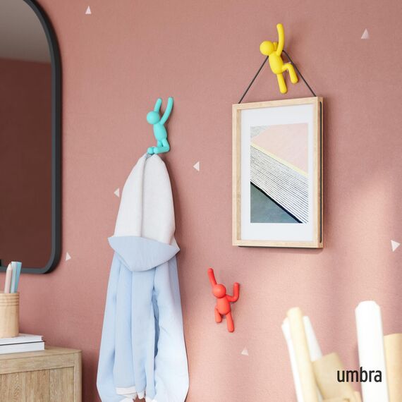Umbra Buddy Haken - Dekorative Wandhaken Garderobe für Jacken, Schals, Taschen, Rucksäcke, Handtücher und Mehr, 3er-Set, Rot/Blau/Gelb