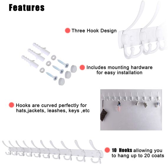 Dseap Garderobenleiste mit 10 haken, schwerlast 96cm Lang garderobenhaken, edelstahl wandgarderobe, kleiderhaken wand, hakenleiste garderobe für mantel hut handtuch handtasche, weiß