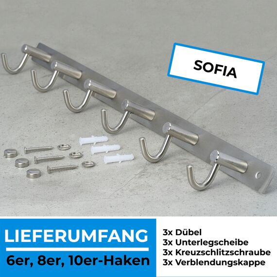 Stahlia Hakenleiste EDELSTAHL gebürstet Garderobenleiste 8x Haken (L: 615mm) Modell:SOFIA Wandgarderobe mit 1/4/6/8/10 Kleiderhaken Garderobenhaken Wandhaken