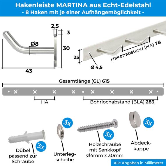Stahlia Hakenleiste EDELSTAHL gebürstet Garderobenleiste 8x Haken (L: 615mm) Modell:MARTINA Wandgarderobe mit 1/4/6/8/10 Kleiderhaken Garderobenhaken Wandhaken