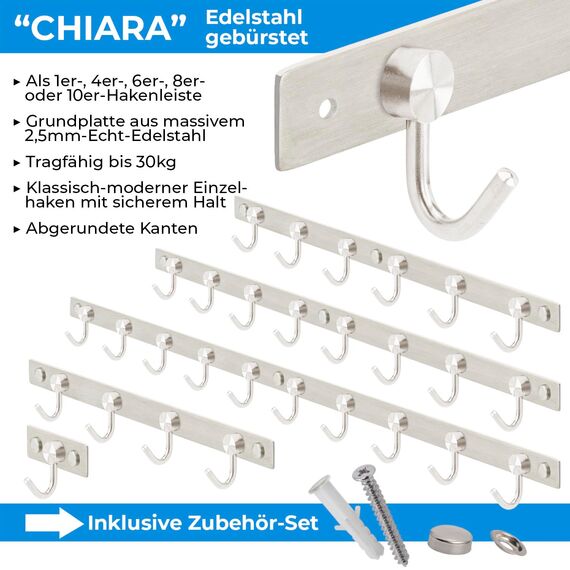 Stahlia Hakenleiste EDELSTAHL gebürstet Garderobenleiste 10x Haken (L: 770mm) Modell:CHIARA Wandgarderobe mit 1/4/6/8/10 Kleiderhaken Garderobenhaken Wandhaken