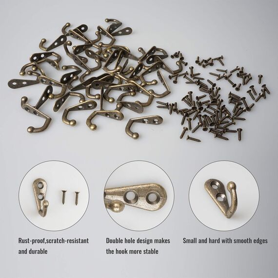 Bateya 40 Stk Wandhaken, Vintage Einzelne Haken Mini Robenhaken Garderobenhaken mit 80 Stk Schrauben, Garderobenhaken aus Metall für Badezimmer Kleiderhaken antik Bronzen Haken