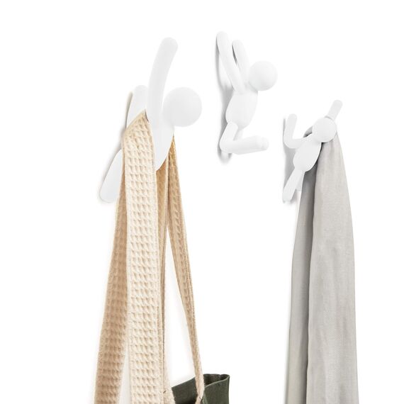 Umbra Buddy Haken - Dekorative Wandhaken Garderobe für Jacken, Schals, Taschen, Rucksäcke, Handtücher und Mehr, 3er-Set, Weiss