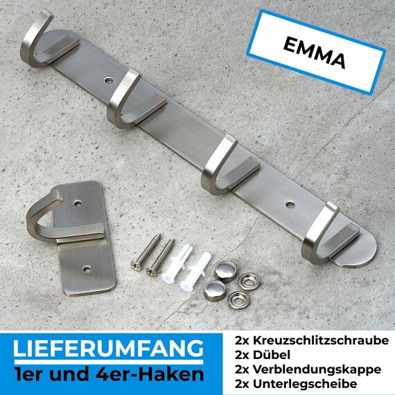 Stahlia Garderobe (4 Haken) Garderobenhaken Kleiderhaken Wand Edelstahl gebürstet Garderobenleiste Wandgarderobe Hakenleiste Wandhaken zum Schrauben Haken