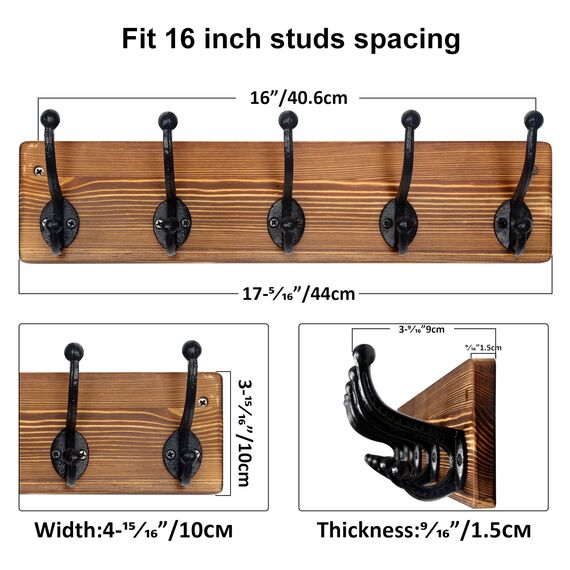 WEBI Garderobenleiste,Wandgarderobe mit 5 Haken Gusseisen,Garderobenhaken Wand,Kleiderhaken Wand,Garderobe Hakenleiste für Mäntel,Jacken,Braun